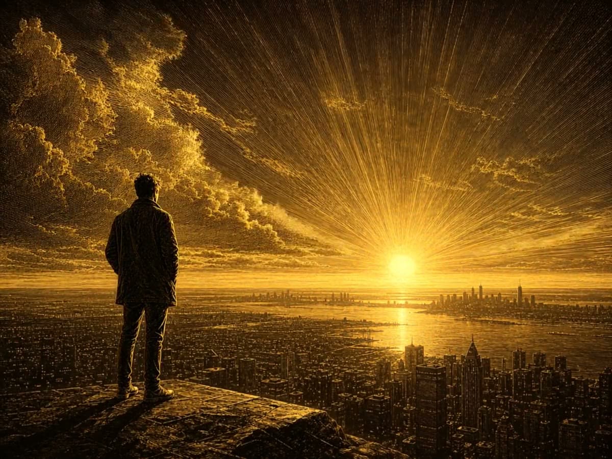 A lone figure looking out over a city at sunrise, gold engraving