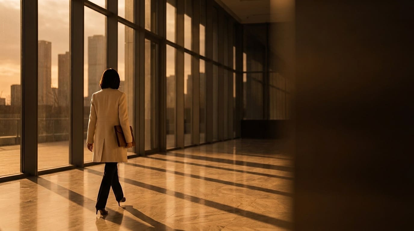 A commercial broker walking through a marble high-rise lobby at golden hour, leather portfolio in hand — finally finishing her day on time